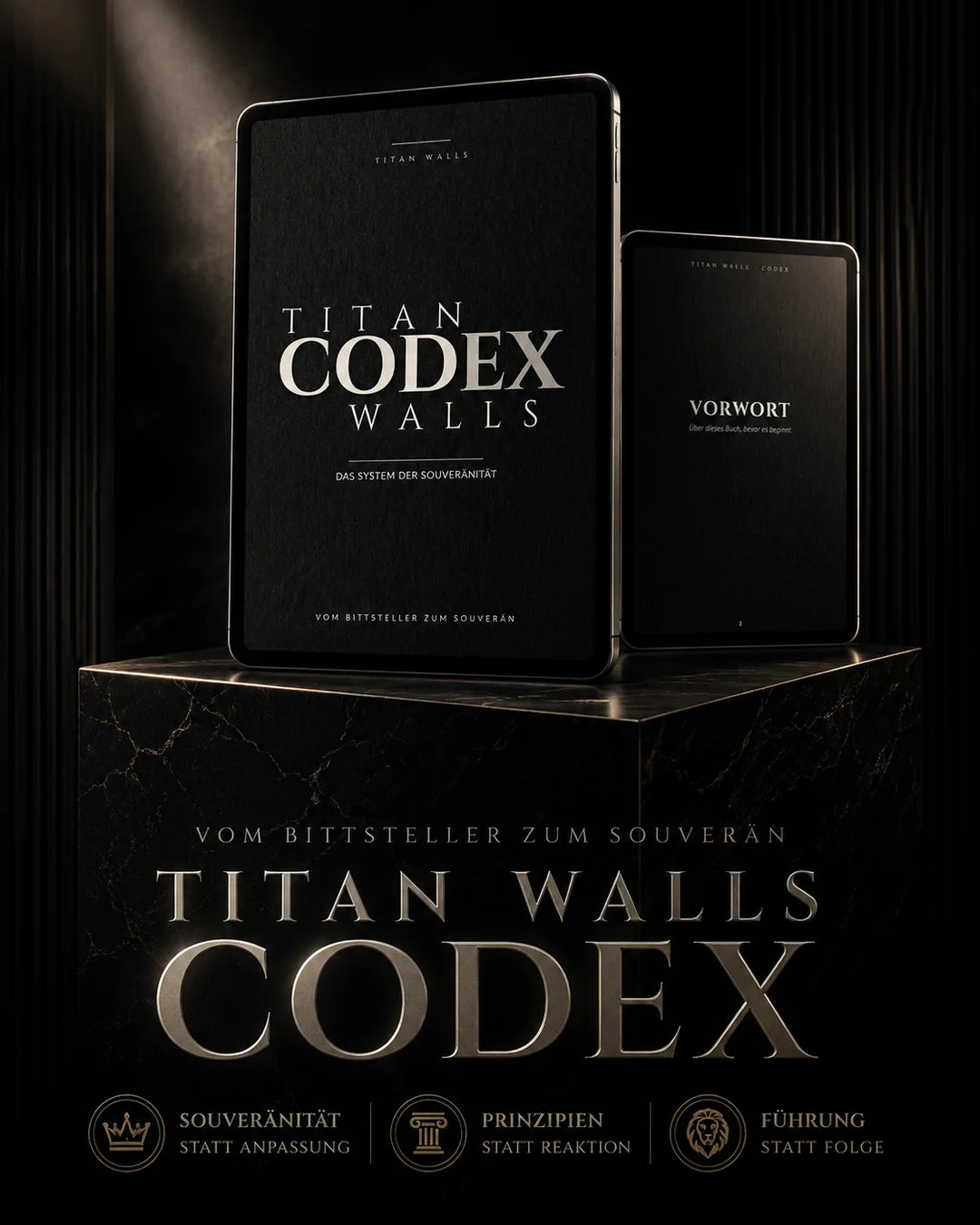 Titan Walls Codex auf einem dunklen Prestige-Podium mit digitaler Ausgabe auf Tablets