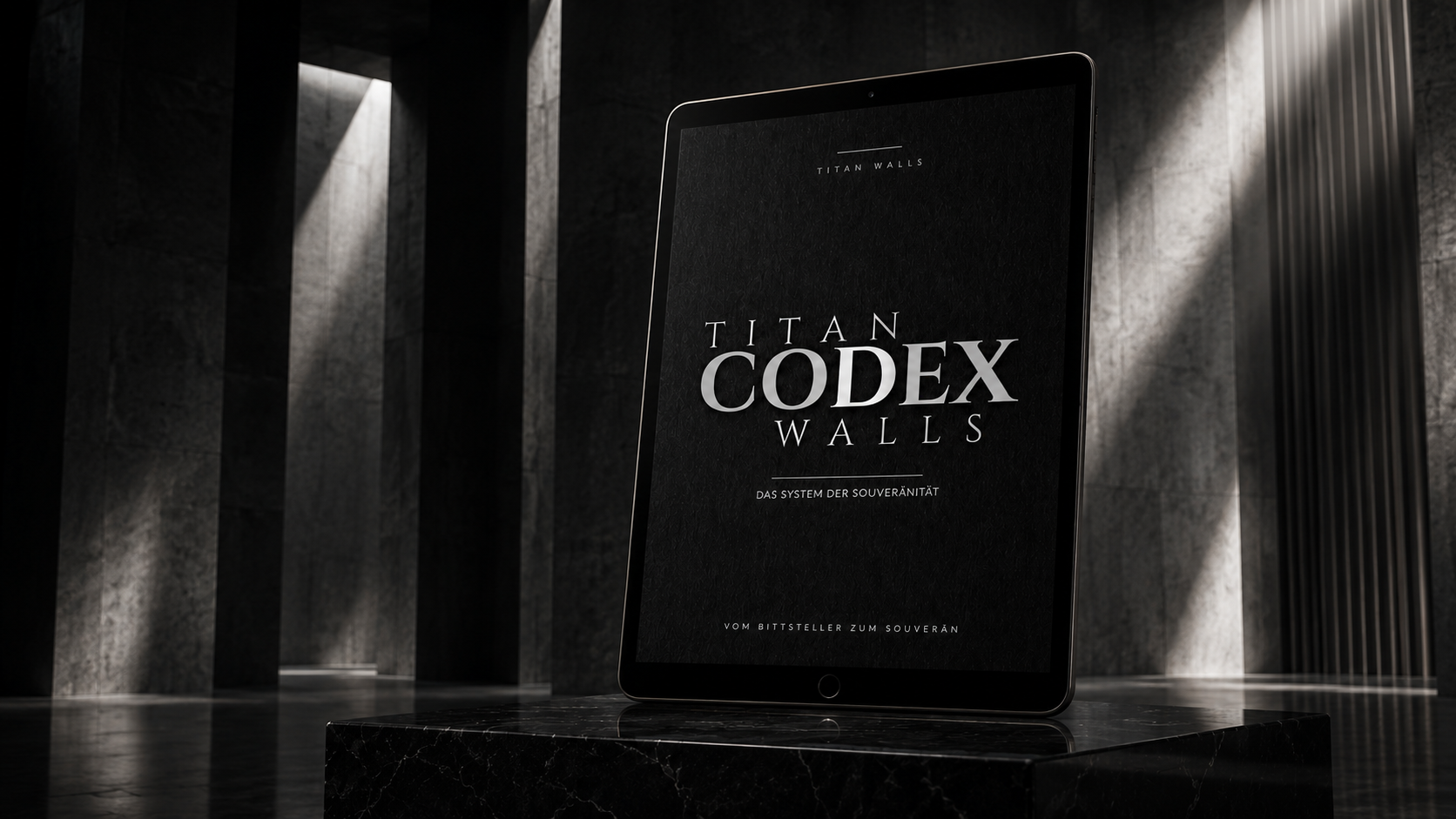 Titan Walls Codex im gerichteten Licht einer dunklen Galerie